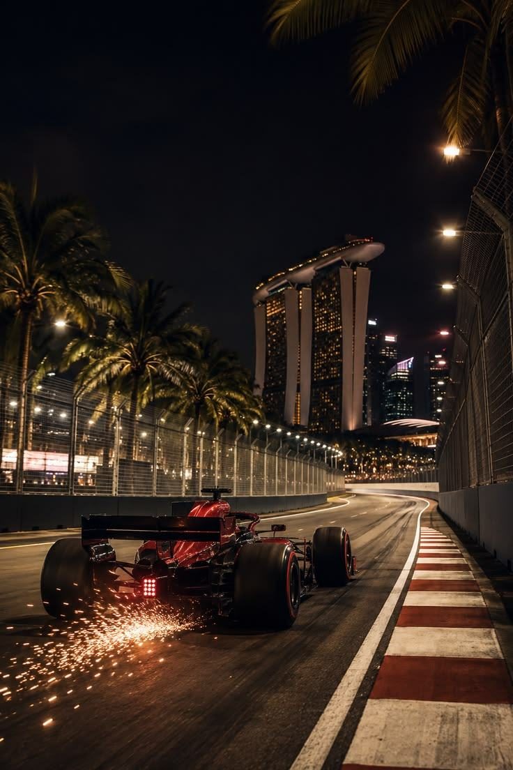 Formula 1 car on the Singapore street circuit at night.