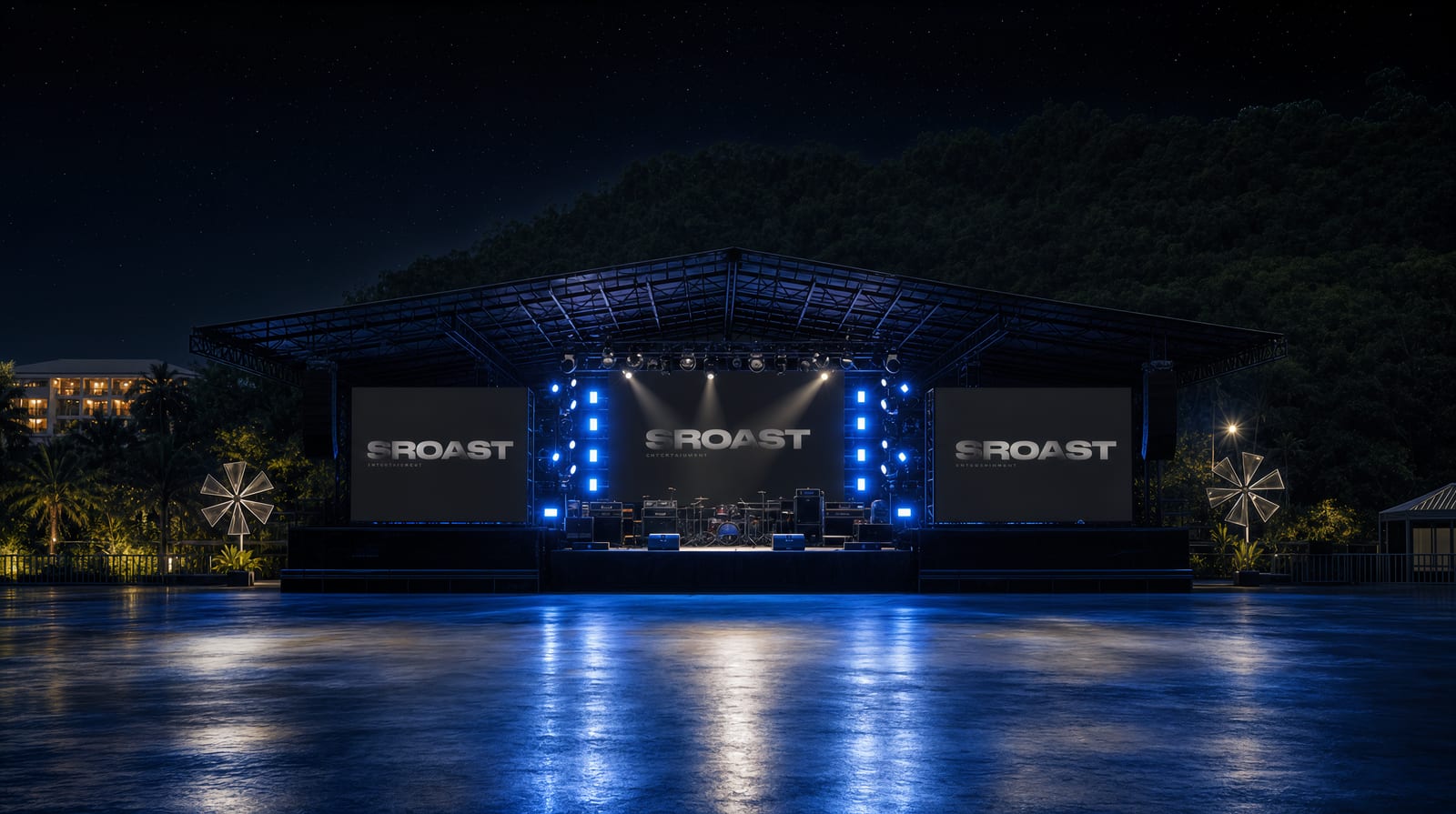 Close render of the stage at dusk — cold cinematic lighting state, haze, lighting rig fully lit.