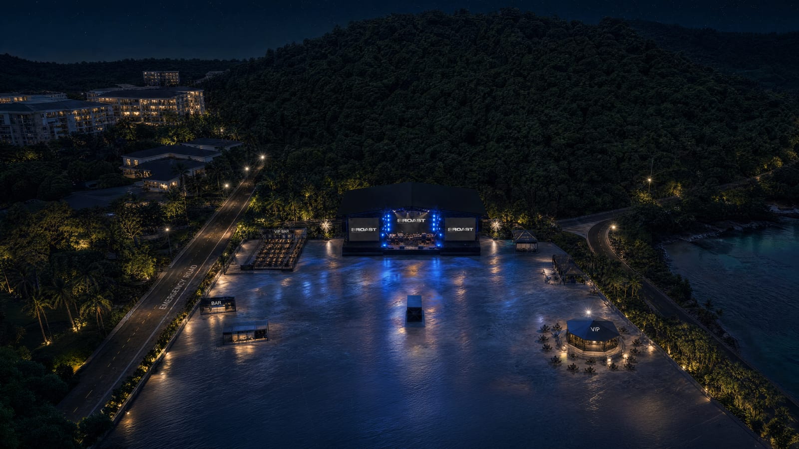 Aerial render of Redtix Stage at dusk — west coast of Phuket.
