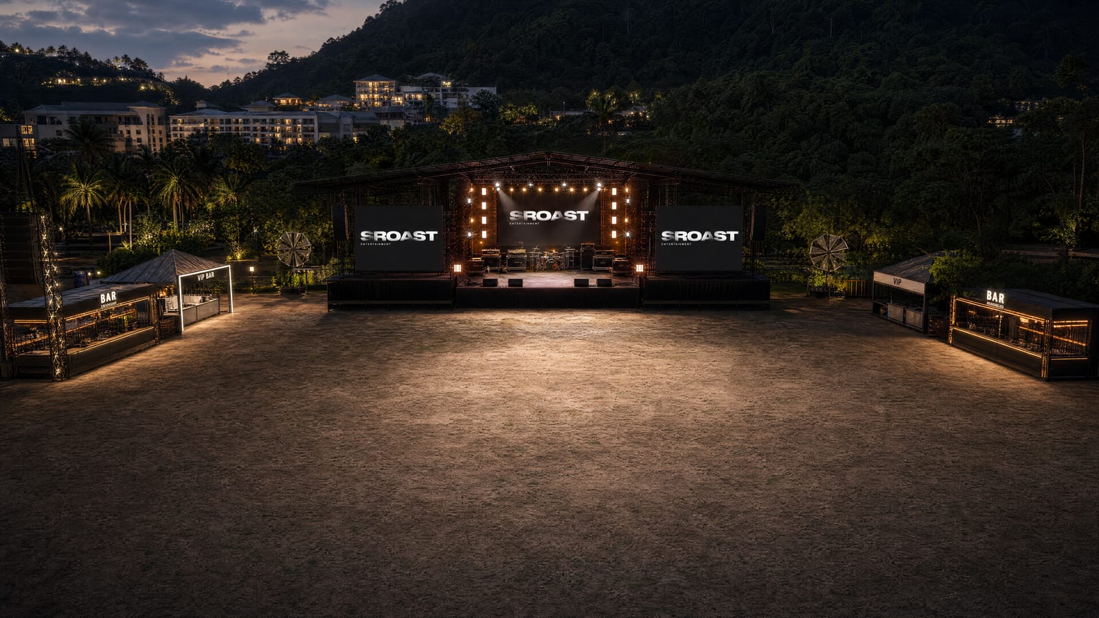 Mid-range drone render — full venue with stage, Fanzone, GA and VIP platform.