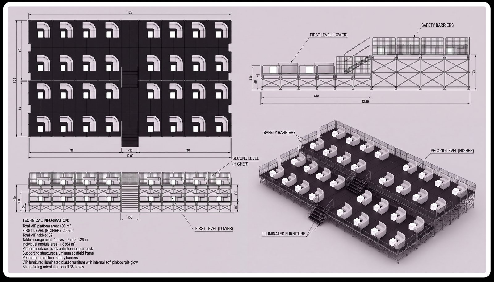Technical sheet of the VIP platform — plan, elevations and isometric view with module and level dimensions.