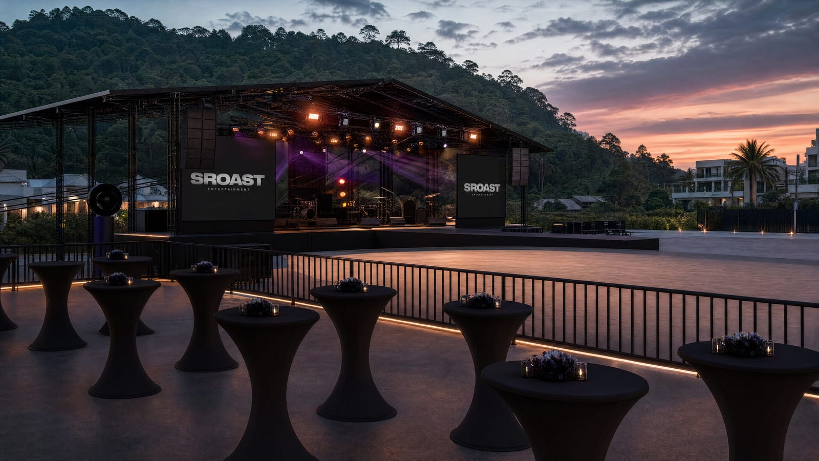 VIP platform render at sunset — bottle-service tables overlooking the Fanzone and stage.